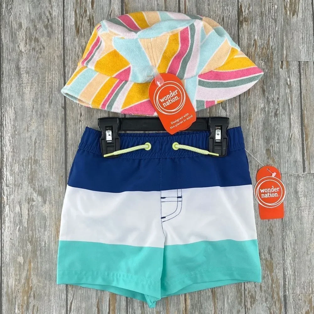 Baby Boys Quick Dry Swim Trunks Shorts & Bucket Hat Size 18M